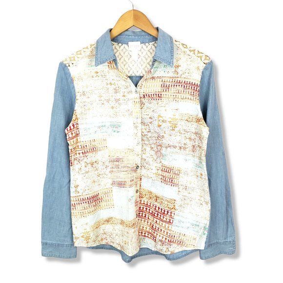 Chico's Western Vibes Chambray Patterned Lace Adorned Button-up Size Small - Picture 1 of 9